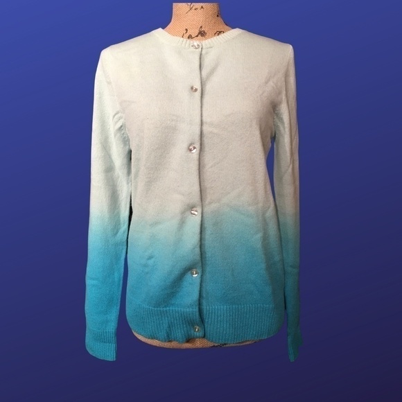 525 AMERICA 100% CASHMERE Cardigan, NWOT, Long Sleeve, AQUA BLUE OMBRE, Size L - Picture 1 of 8